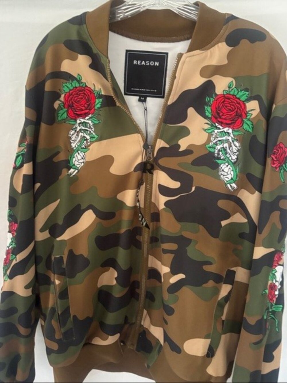Reason Camouflage Bomber Jacket with Red Rose Embroidery New With Tag.